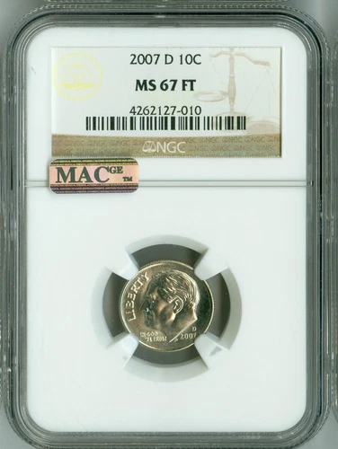 2007 D NGC MS67 FT MAC PQ ROOSEVELT DIME, FINEST GRADE, LOW POP, BLAST WHITE