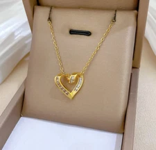 Women's Heart Shaped Cubic Zirconia Gold Plated Pendant Necklace Jewelry