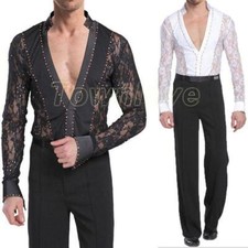 Mens Dancewear Ballroom Rumba Latin Dance Costume Lace V Neck Shirt Outwear Tops