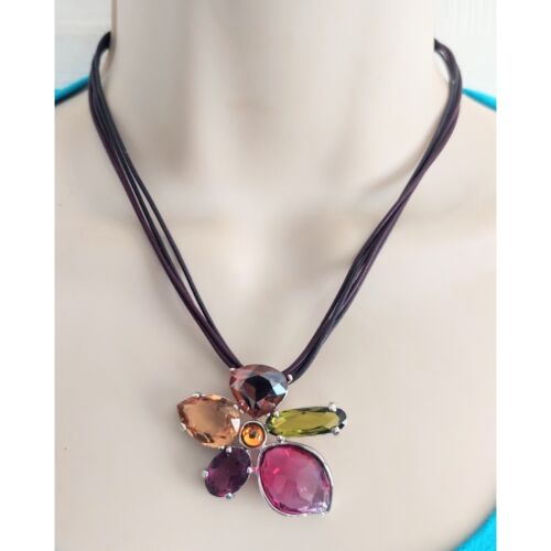 Signed Swarovski Swan Heritage  Purple Leather Large Crystal Flower Necklace