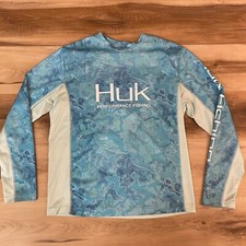 HUK Fishing Shirt Mens Small Blue Camo Crewneck Performance Logo Rash Guard