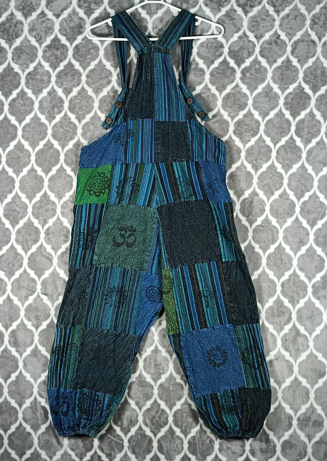 Patchwork Bib Overalls Womens Size Large Blue Gre… - image 3