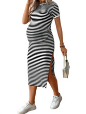 Maternity Striped Bodycon Dress Side Ruched Short Sleeve Casual Fitted