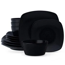 Colorscapes Black-on-Black Swirl 12-Piece Square Dinnerware Set, for 4