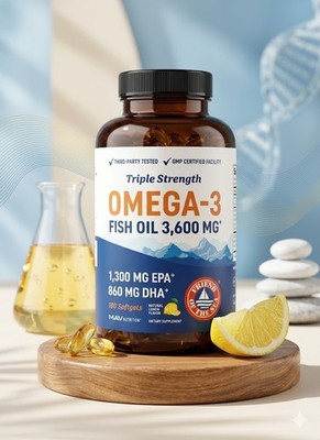 Nutrition Triple Strength Omega-3 Fish Oil 3600mg 180 Softgels 1300mg EPA 860mg