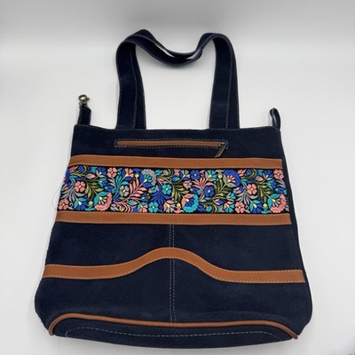 Aoking Navy Blue Suede Leather Tote Bag Floral Embroidered Shoulder Handbag
