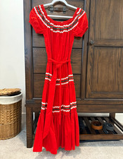 Tory Burch XS Red Cotton Smocked Maxi Dress Puff Sleeve Embroidered