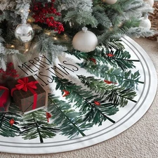 Christmas Tree Skirt Collar 48 Inch Green Pine Trees Red Cardinals Soft Farmh...
