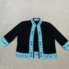 Ming Wang Sweater Jacket Women's PS Knit Black Turquoise Open Front Preppy