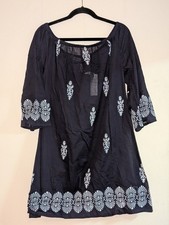 Navy White Embroidered Floral Bohemian Sundress Scoop Neck Cotton 3/4 Sleeve