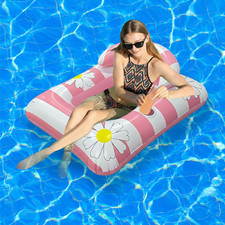Pink Inflatable Pool Float Lounger with Cup Holder Daisy Design Swim Mattress