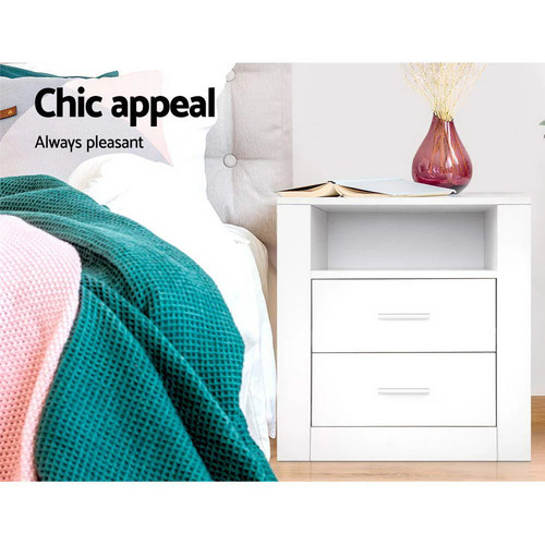 Artiss Bedside Table 2 Drawer Nightstand with Shelf Storage Furniture White - Picture 3 of 15