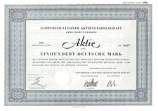 Gottfried Lindner AG,  Nürnberg Aktie  100 DM  1958  Kuponrest   ohne Entwertung