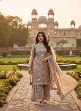 Attractive Look Silk Copper Palazzo Suit With Dupatta For Indian Festival Wear