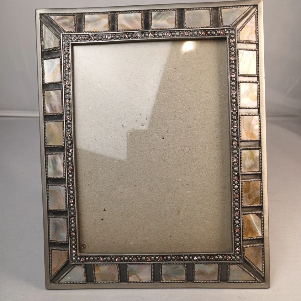 Bevelled Tabletop Frame Mother Of Pearl White Shell Faux Jewels Pewter 5x6 3/4” - Image 3 of 4