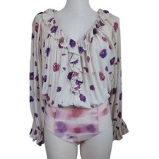 Intimately Free People Floral Ruffle Lace Bodysuit Cream Purple Womens Small