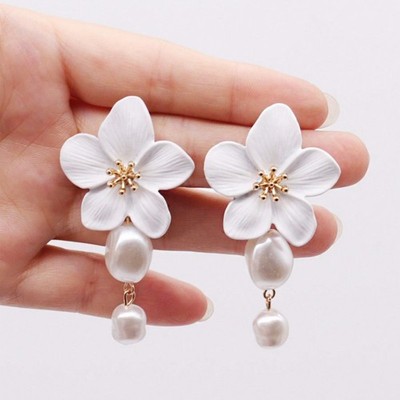 Fashion Elegant Pearl Flower Drop Dangle Earrings Stud Women Lucky Jewelry Gift
