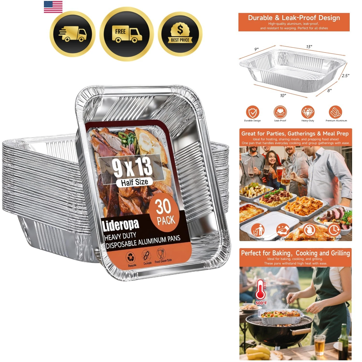 9x13 Aluminum Pans 30 Pack – Disposable Half Size Aluminum Foil Pans for Cook...