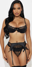 Fashion Nova High-Waisted Black Lace Garter Belt Satin Bows Adjustable Straps S