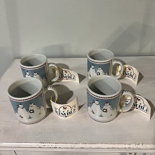 Warren Kimble Snowmen Mugs Coffee Cups Otagiri Set of 4 Stoneware Y2K