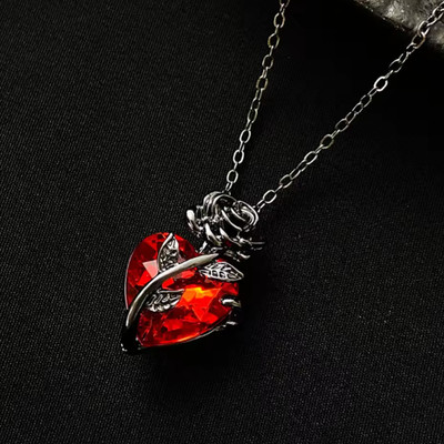 Gothic Rose Red Heart Necklace Y2k Silver Tone Women Jewelry Gift Trendy