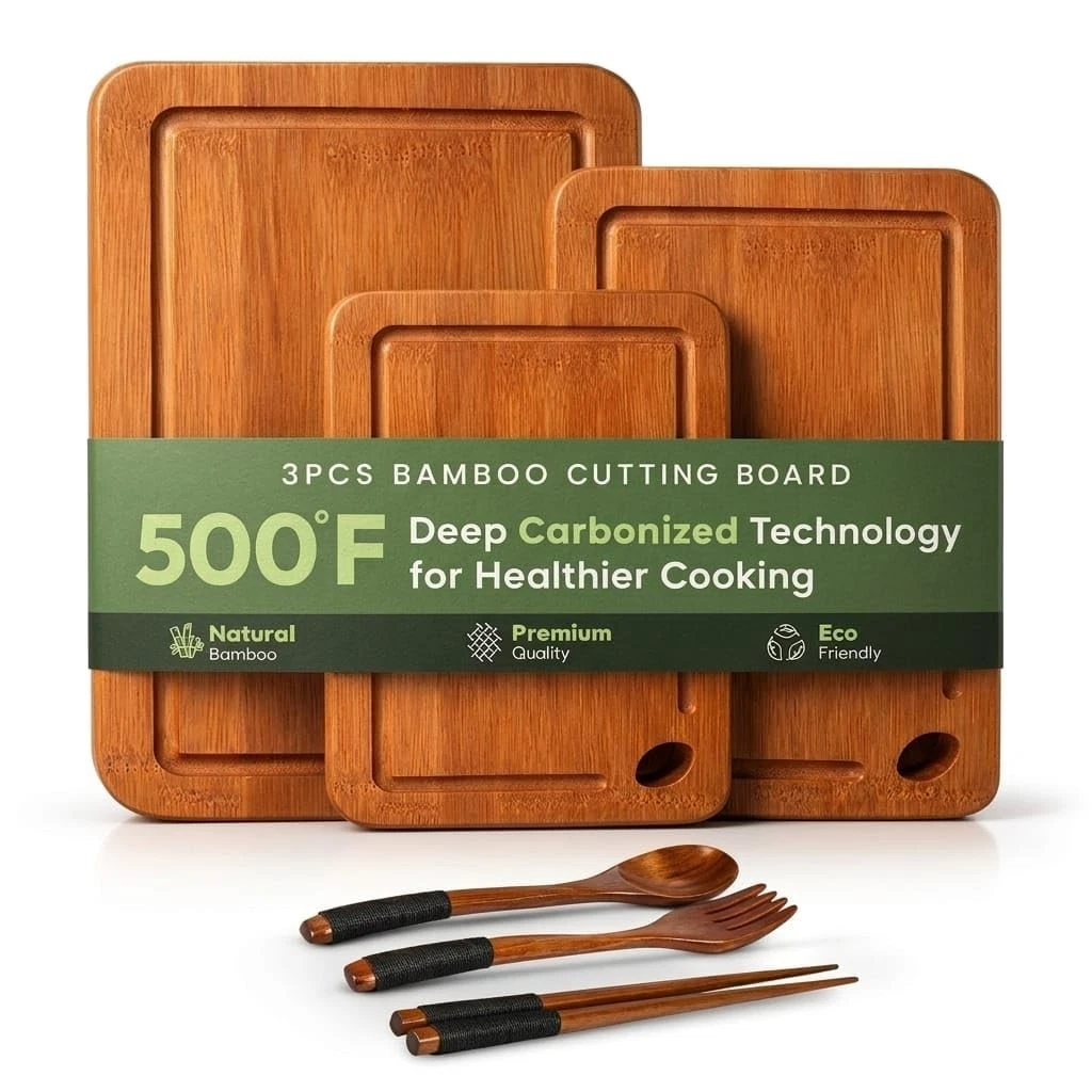 3 Piece Bamboo Cutting Board Set with Juice Grooves, Non-Slip Feet Built-in H...