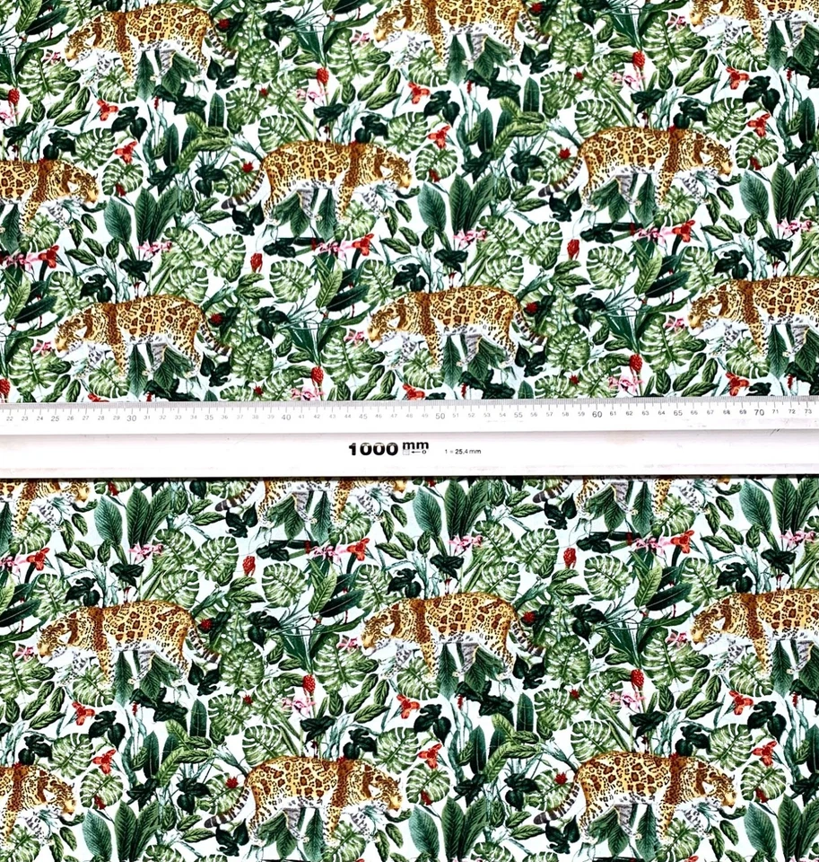 Stoff Meterware Baumwollstoff Patchwork 50 cm Tiger Dschungel Blumen auf Weiß - Bild 4 von 4