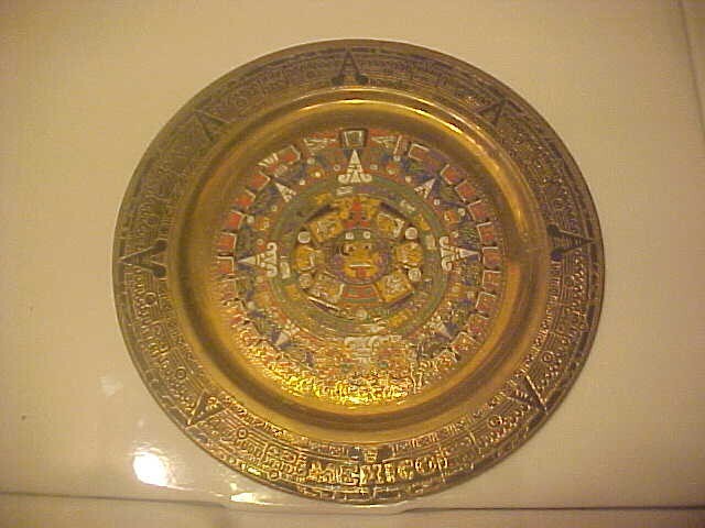 Vintage Brass Enamel Aztec Mayan Calendar Wall Hanging Plate 11"  Mexico changer