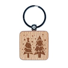 Holiday Christmas Trees Snowflakes Engraved Wood Square Keychain Tag Charm