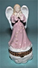 Roman porcelain hinged box, pink angel on cloud, praying, all year, trinket box