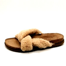 Treasure  Bond Womens Davina Fab Flat Heel Slide Slipper Tan Faux Fur Sz 7 M