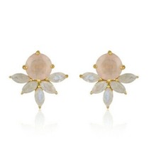 Moonstone Rose Quartz Gemstone 925 Silver Yellow Gold Plated Stud Earrings