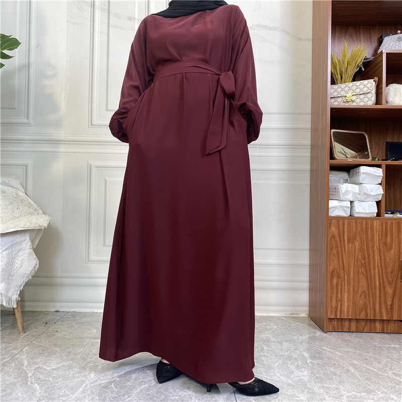 HS0477 Casual abaya solid color airy women's long sleeve round neck maxi dress