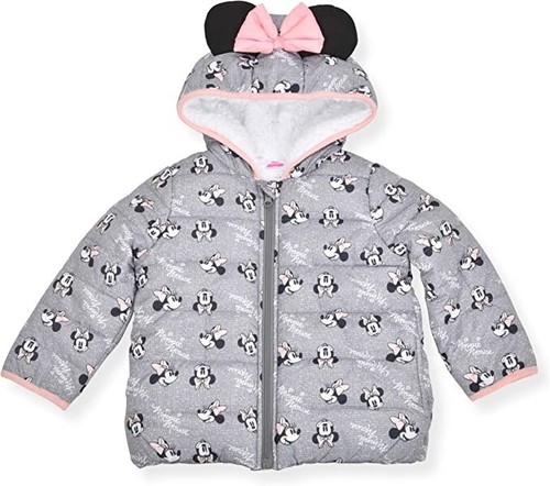 Disney Girl's Minnie Mouse Print Hooded Puffer Jacket with Ears and Bow SIZE 6X - Picture 3 of 3