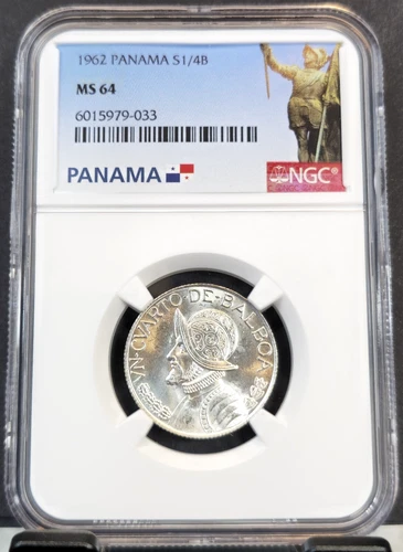 1962 PANAMA SILVER 1/4 BALBOA VASCO NUNEZ DE BALBOA NGC MS 64 NICE BU