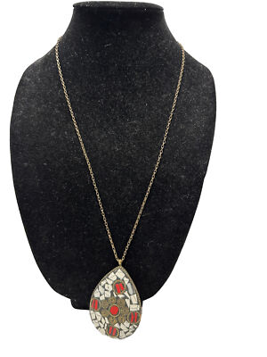 ZAD Stone Chip Mosaic Teardrop Statement Necklace Red Jasper 26  Long