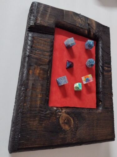 Wooden Dice Tray, Rustic Solid Wood Dark Stain Clear Coat Red Leather Roller Pad - Picture 1 of 24