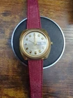 Timex Men's Automatic Watch Silver Dial Day/Date 1970s Vintage Red Leather Band