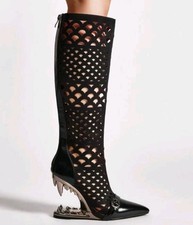 Punk Women's Pointy Toe Hollow Out Wedge Heels Zipper Knee High Boots Shoes
