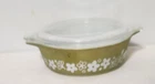 Vintage Pyrex Crazy Daisy Olive Green Spring Blossom 1 1/2 Qt Casserole Dish