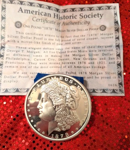 ONE POUND "1878" MORGAN SILVER DOLLAR PROOF COIN! 3 1/2" SILVER PLATED COPPER!
