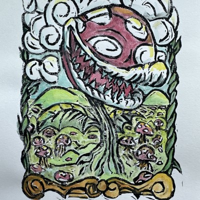 Piranha Plant Linocut Print Watercolor 5 X 7 Inch Paper