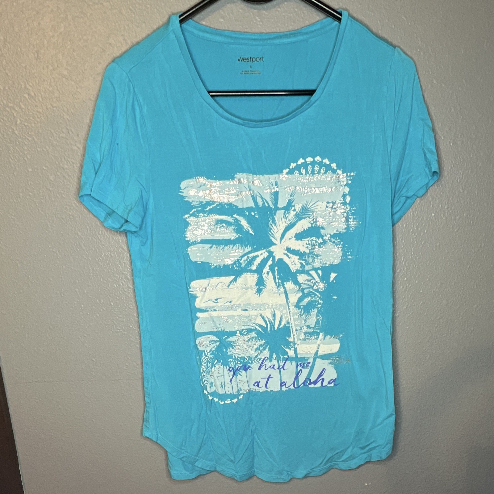 Westport Women's Blue Graphic Print Scoop Neck Short Sleeve Pullover T-Shirt S