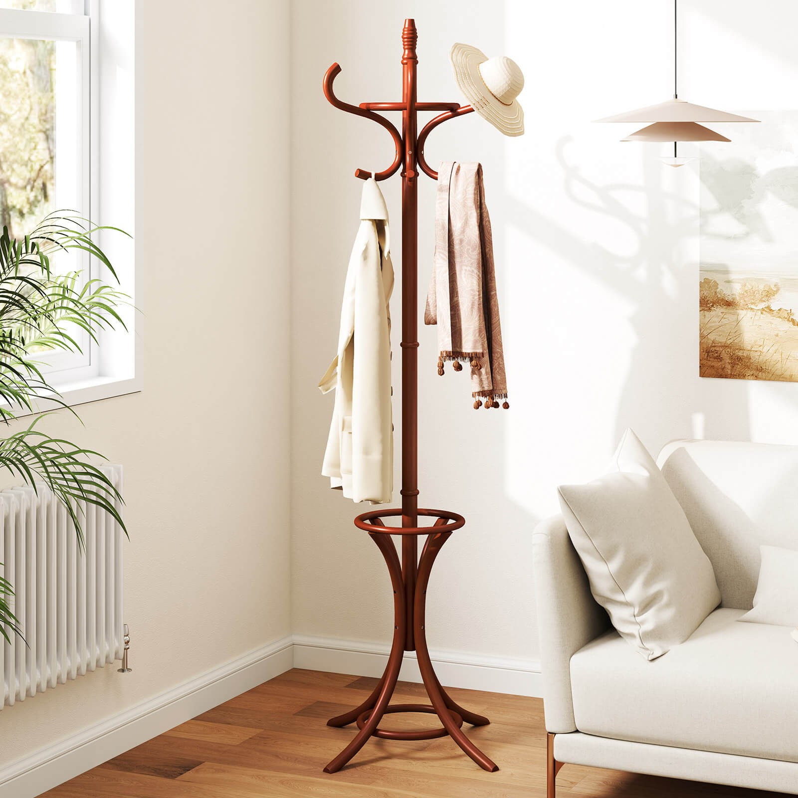 Wood Standing Hat Coat Rack Jacket Bag Hanger Home 12 Hooks w/ Umbrella Stand