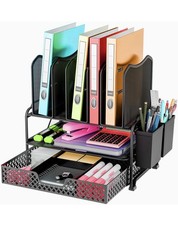 Desk File Organizer with Sliding Drawer Metal Mesh Double Tray and 5 Upright New