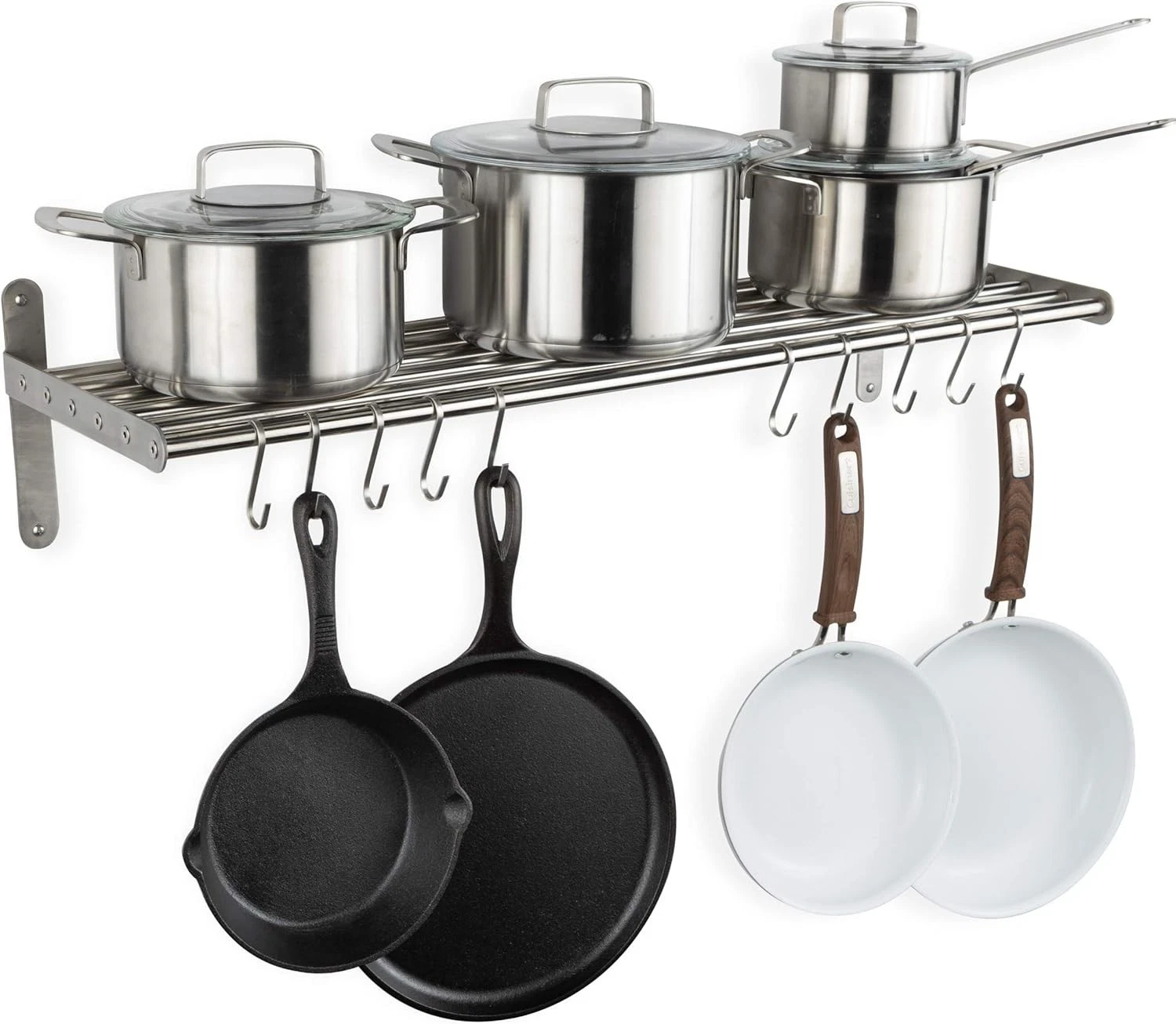 Kitchen Organization Storage Rack Stainless Steel Metal Wall Shelf W/ 10 S Hooks