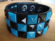 Blue Checkered Studded  Black Leather Bracelet