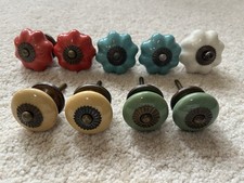 Set of 9 Ceramic/Brass Drawer Knobs Red,Yellow,Green,Blue,White w/Hardware