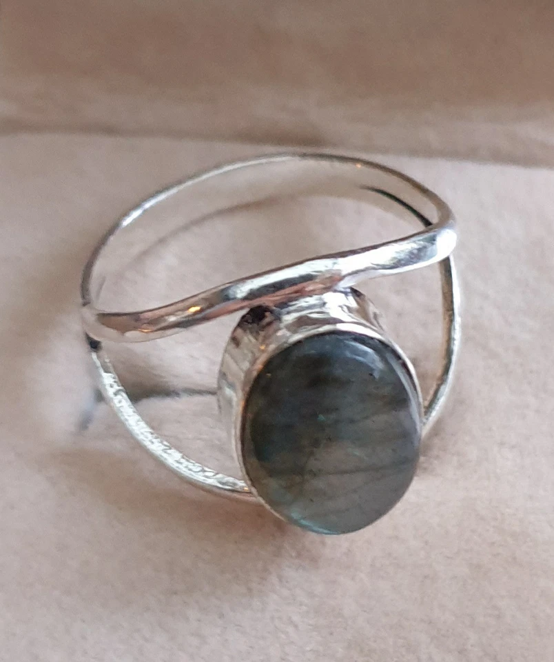 Damen Ring silberfarben blauen synthetischen Mondstein "Auge" Größe 69 20mm - Bild 3 von 4