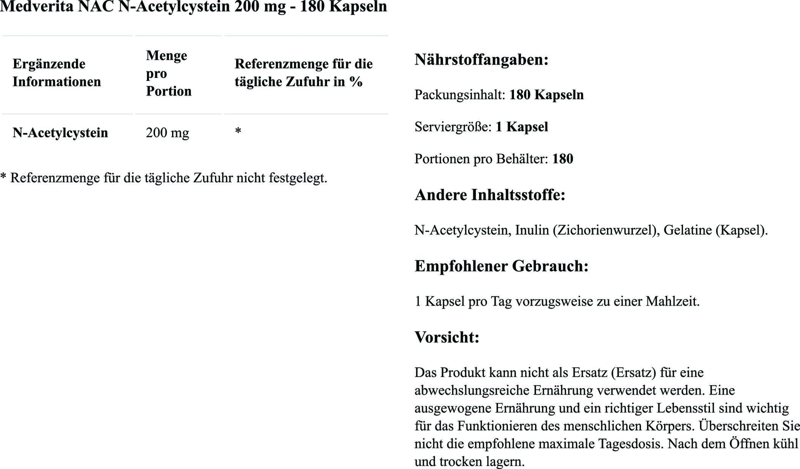 Medverita NAC 200 mg N-Acetylcystein 180 Kapseln